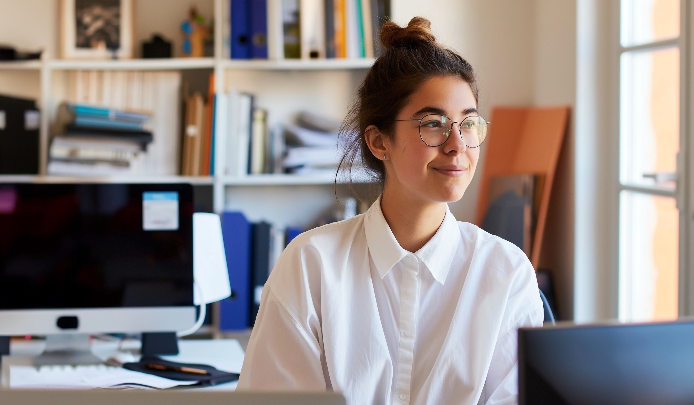 Content Woman Working at Her Desk-1-1